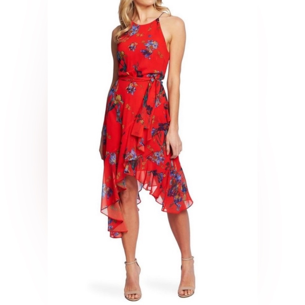 CeCe Red Floral Halter Dress with Ruffles Hemlines